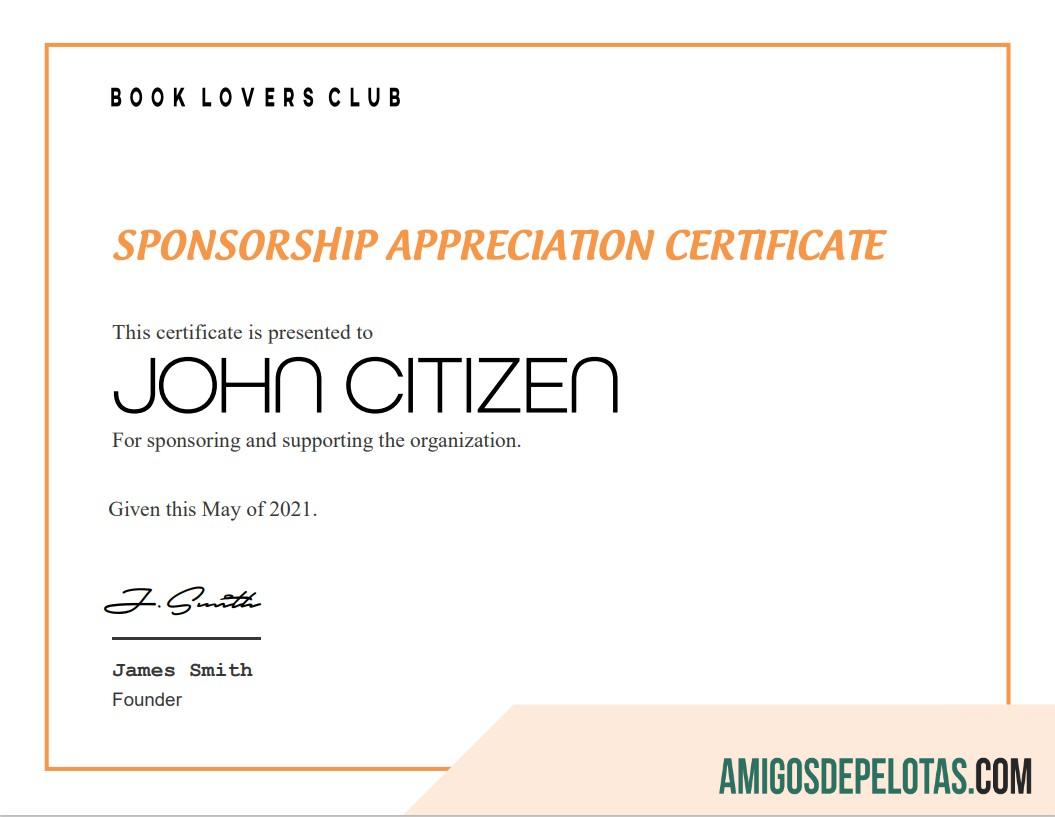 Certificado de Apreciação de Patrocínio nos EUA modelo